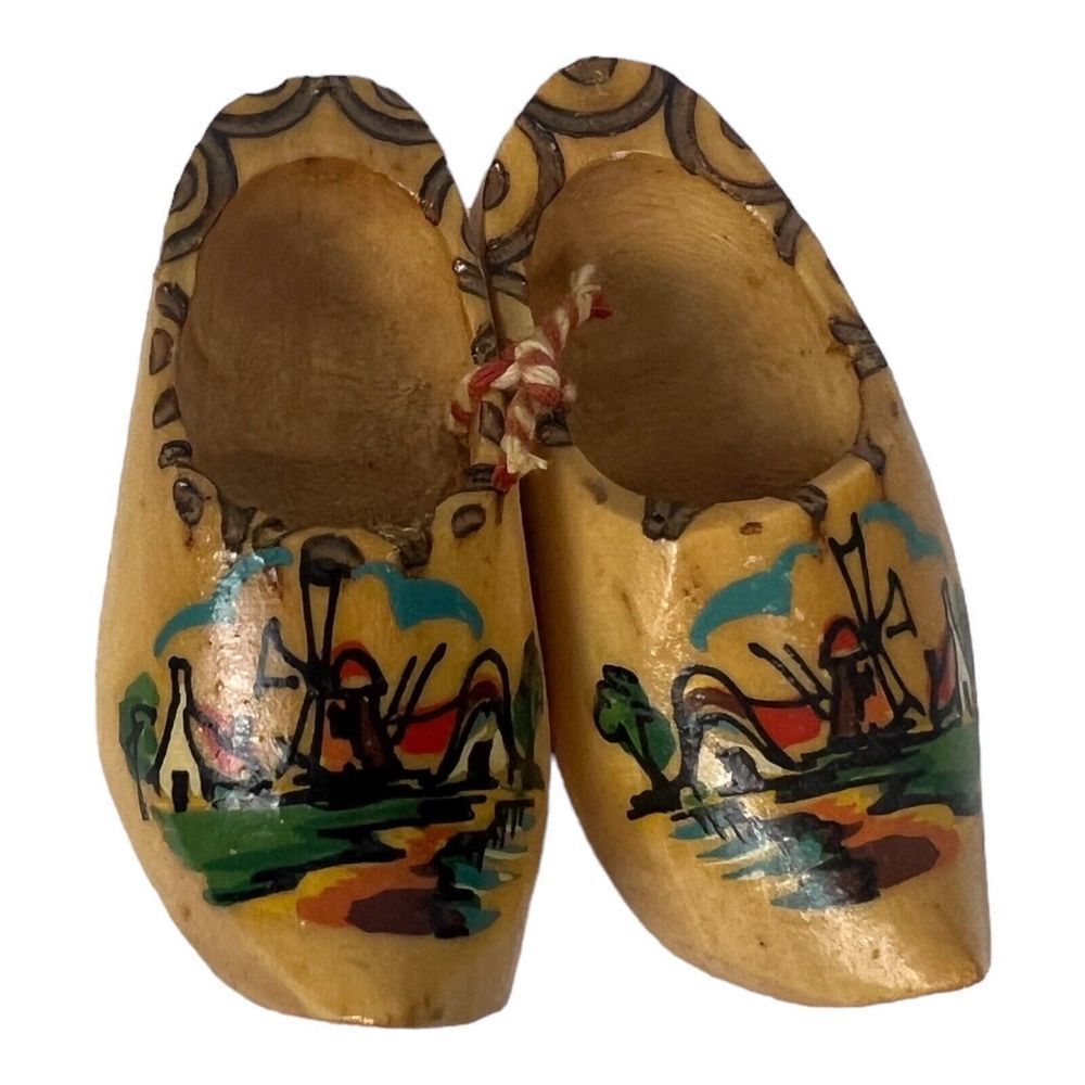 Mini Miniature Dutch Clogs Wooden Shoes Windmill Holland Vtg Handpainted